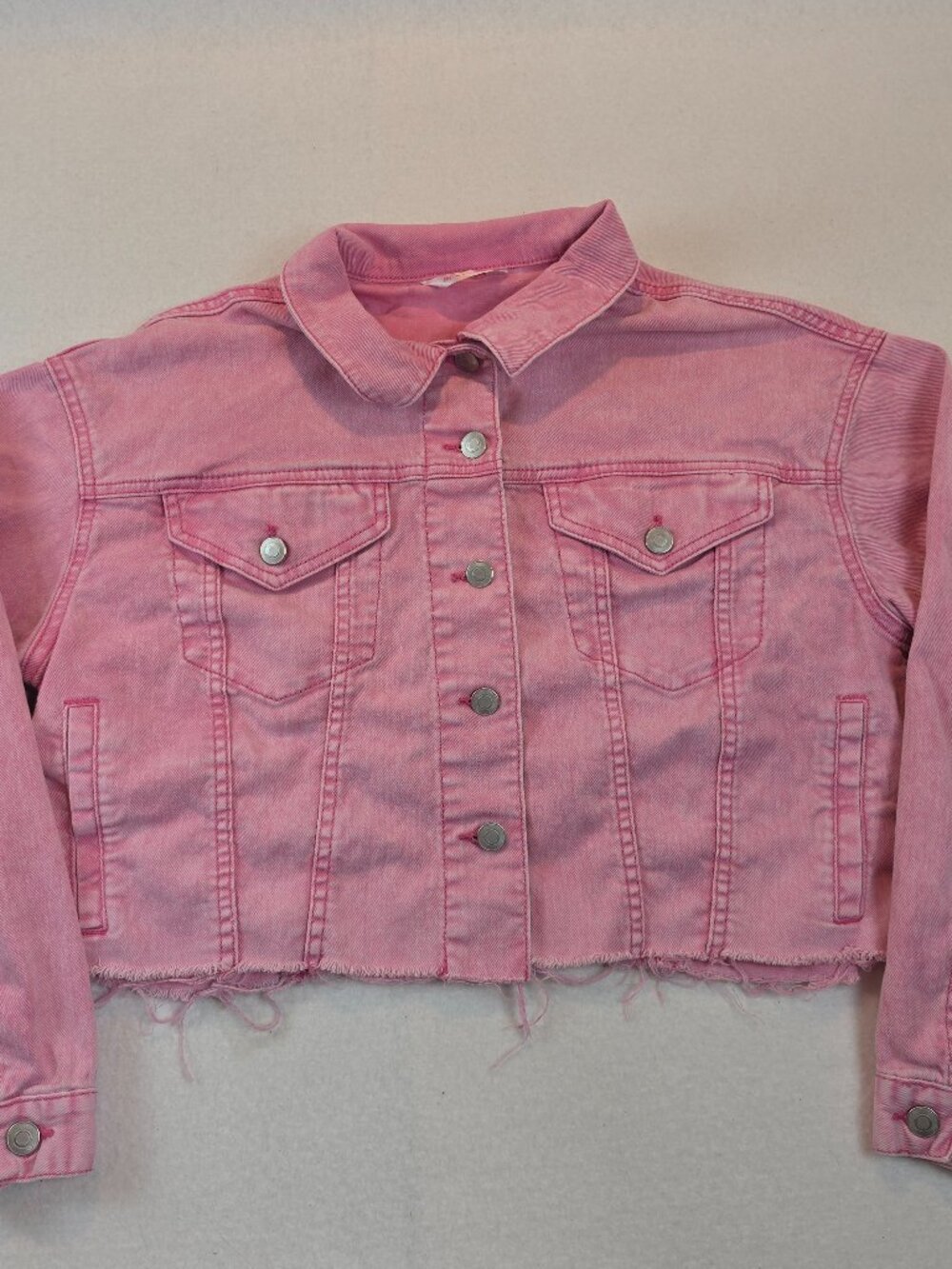 No Boundaries Pink Acid Wash Cropped Denim Jean Jacket Raw Hem Size Medium
